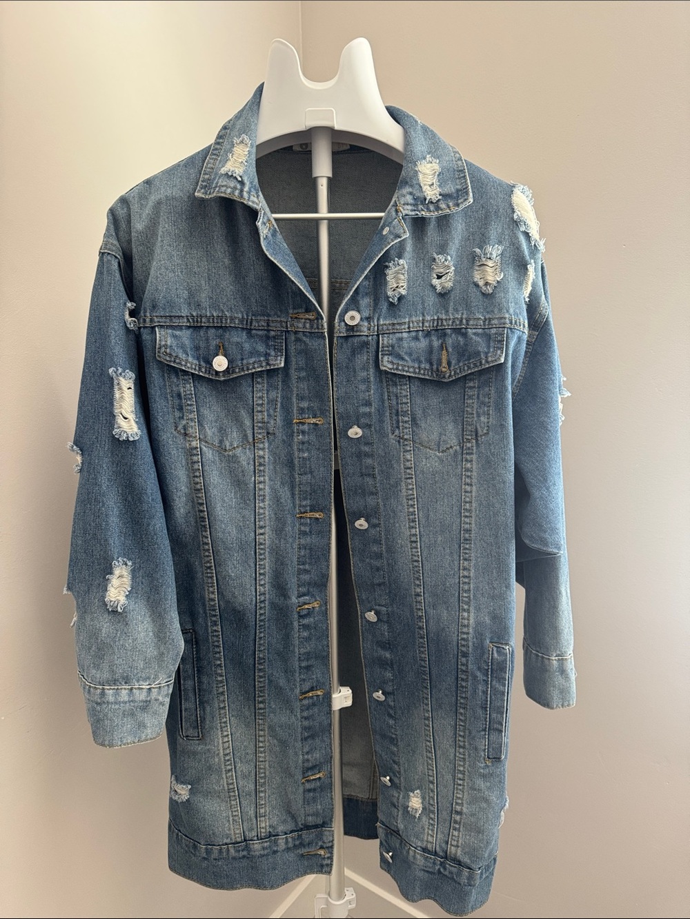 Distressed Long Denim Jacket - Blue